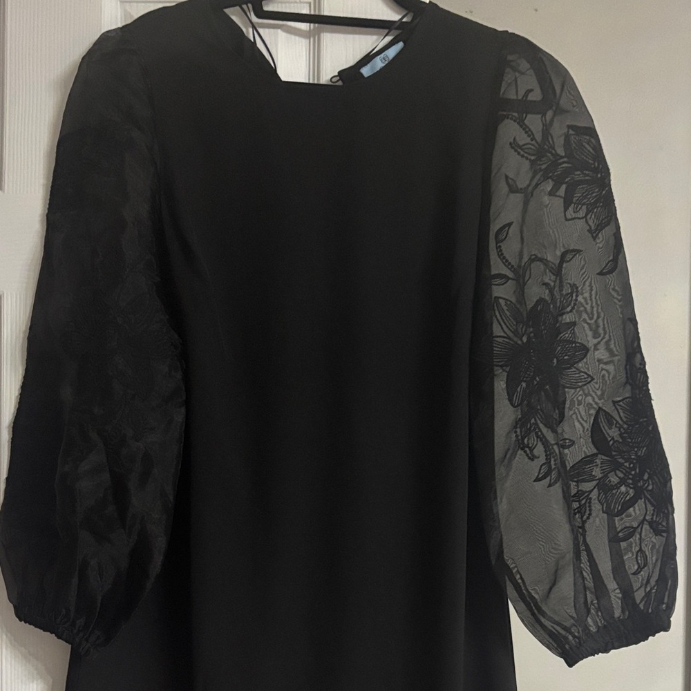 CeCe Black Dress with Sheer Floral Sleeves